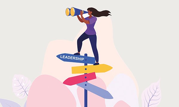 There are leadership pathways and opportunities for nurses who want to step up to the nurse leader role in older people’s care. Illustration shows a nurse standing atop a sign that reads ‘LEADERSHIP’ as she views the direction the sign faces through a pai