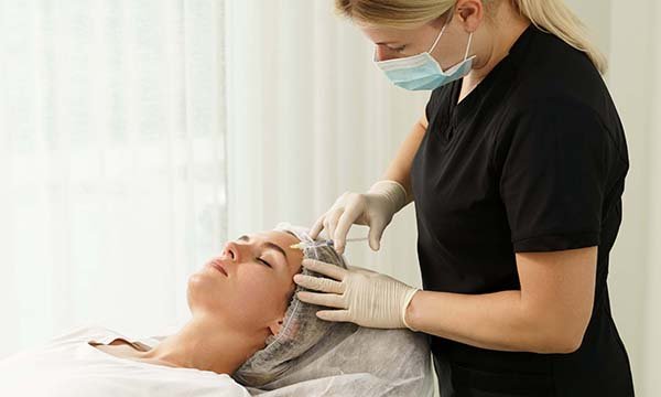 Aesthetic nurse specialist: a nurse injecting toxin into a woman’s forehead during an aesthetic procedure