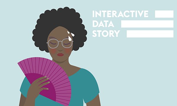 Managing menopause symptoms: illustration shows a female nurse experiencing a hot flush with sweat on her forehead as she tries to keep herself cool with a fan