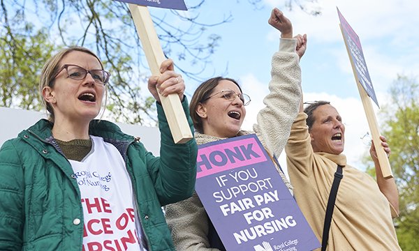 The RCN, Unison and Unite say that 1 million NHS staff in England will not receive their pay rise in time in April if the government waits for the pay review report. Picture shows nursing staff on the picket line