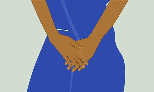 Urinary issues for nurses: illustration of a nurse holding her hands over her groin area as if desperate to go to the toilet but unable to