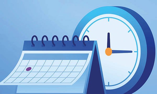 CPD for nurses: illustration showing a large clock behind a desktop calendar, featuring a blot that marks a date in that the month, suggesting time to do a continuing professional development activity