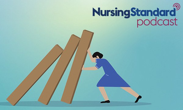Overcoming-nursing-challenges: illustration showing a nurse straining to push tall blocks upright, suggesting challenges in the nursing workplace