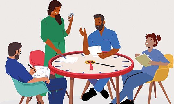 Flexible working for NHS staff: illustration showing four members of nursing staff around a clock-like table as they discuss and co-ordinate shifts