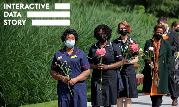 Remembering people who died in pandemic: community nurses Olaoluwa Ojuolape, Nike Bademosi and Emma Robinson carry flowers to lay at the opening of the London Blossom Garden, a COVID memorial space, in 2021  
