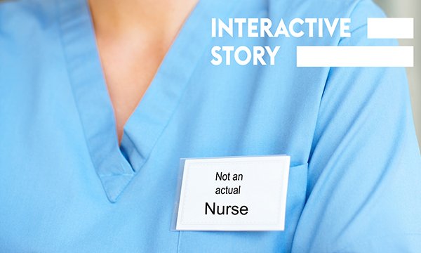 Legal protection of nurse title: health worker in scrubs wears name badge that reads ‘not an actual nurse’