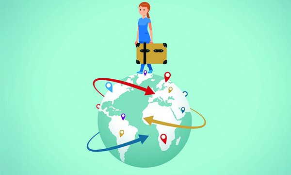 UK nurse emigration: nurse carrying a suitcase stands on top of a globe with international destinations marked with pins