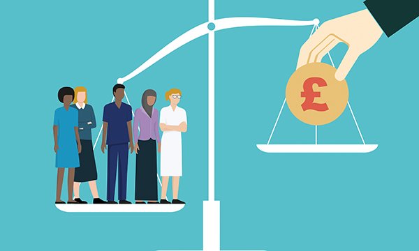 NHS pay rise: nursing and other healthcare staff shown on one side of a set of scales, while a pound sign placed by a suited figure is poised above the other side