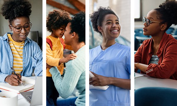 Flexible nursing degree: montage of woman in four contexts – home learning, parenting, on clinical placement and attending university lecture