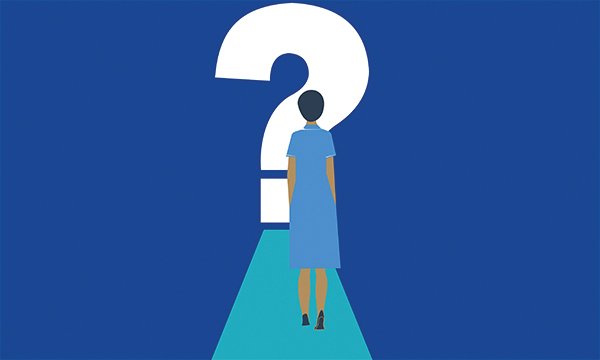 Illustration of a nurse pausing in front of a large question mark, symbolising a major decision