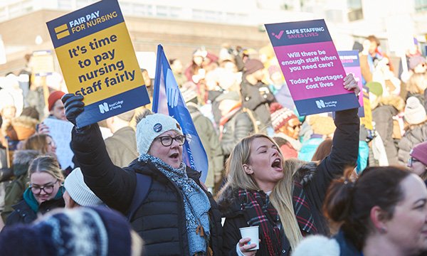 The RCN will open a consultation on the pay award for members on 9 June: nursing staff with banners picketing outside Northern General Hospital, in Sheffield, South Yorkshire, in 2023