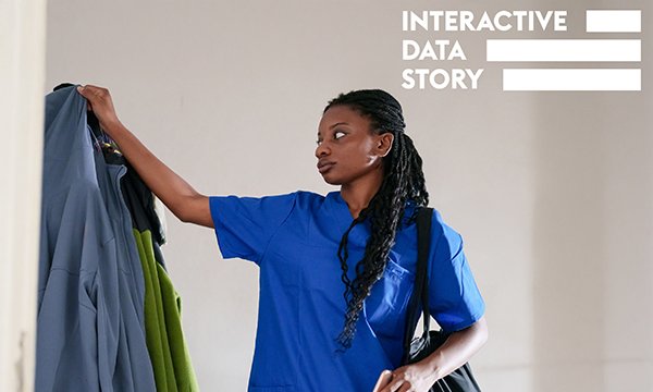 Exodus of overseas educated nurses from the UK: nurse look serious as she picks up her jacket from a coat peg