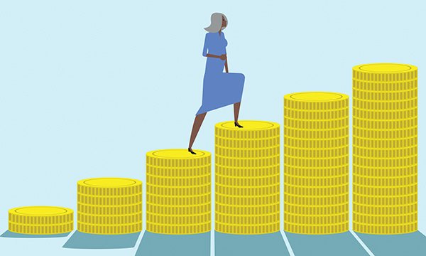 NHS pension opt-out: nurse figure climbs up stepped piles of coins