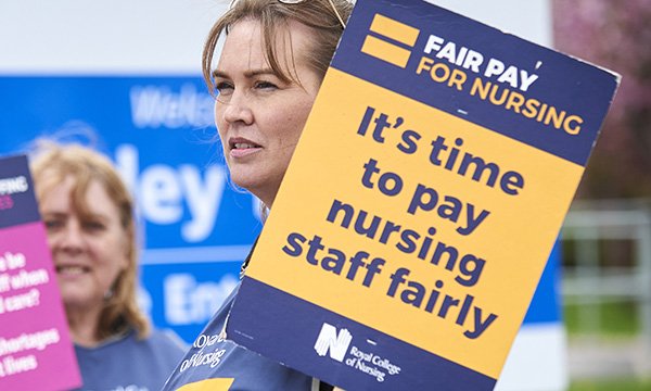 Nursing staff set to reject NHS pay offer: nursing staff on the picket line outside Barnsley Hospital, North South Yorkshire in 2023