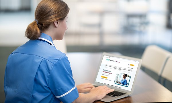 A nurse using the RCNi online portfolio to record activities to meet Nursing and Midwifery Council revalidation requirements