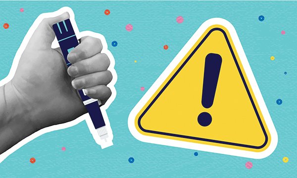 Unethical cosmetic prescribing: an injectable weight loss drug is shown next to a caution sign showing an exclamation mark