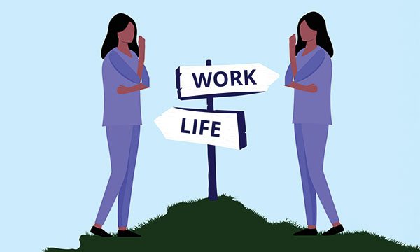 Nurses’ private lives: illustration of two nurses facing each other, with two arrow signs between them, one with the word WORK, the other with the word LIFE