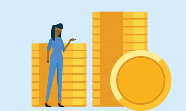 Registration fee rise for nurses: illustration of a nurse standing next to a pile of giant coins