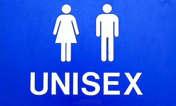 A toilet sign with images for female and male and the word ‘Unisex’