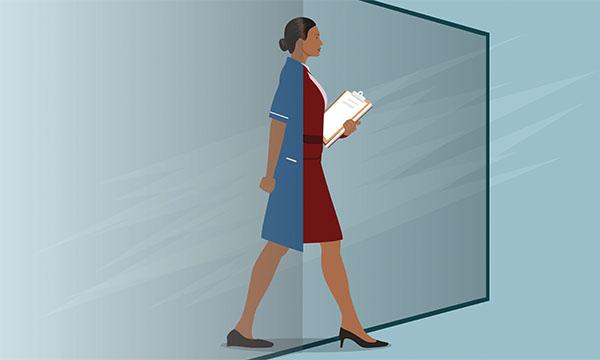 Illustration of a woman stepping forward and transitioning from wearing a blue nursing uniform to managerial attire