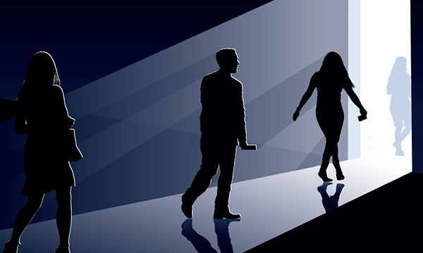 Illustration of people walking out a door