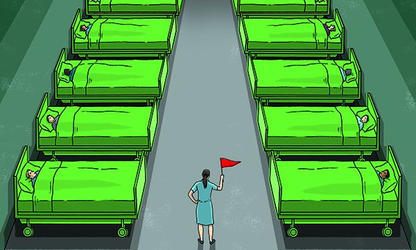 An illustration of a nurse standing on a ward with a red flag