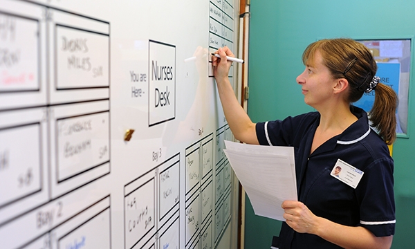 nurse writes on whiteboard