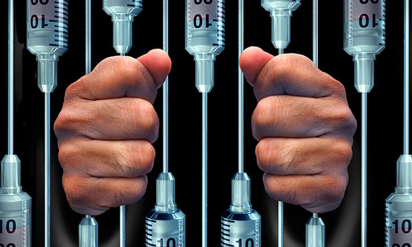hands around syringes arranged like prison bars