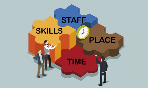 Figures gathering around giant jig saw tile pieces that read: SKILLS, STAFF, PLACE, TIME