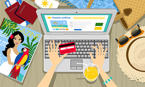 Illustration of someone at a computer booking a hotel for their holiday