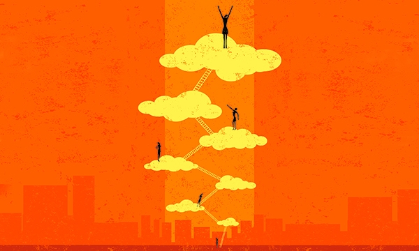 Figures climbing up an interconnected series of clouds