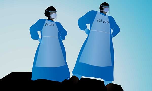 Illustration of a woman wearing PPE and a larger man standing next to her, wearing properly fitted PPE